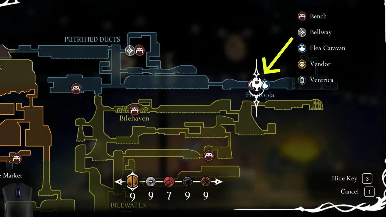 Hollow Knight Silksong Seth Fleatopia location marked on the map. 