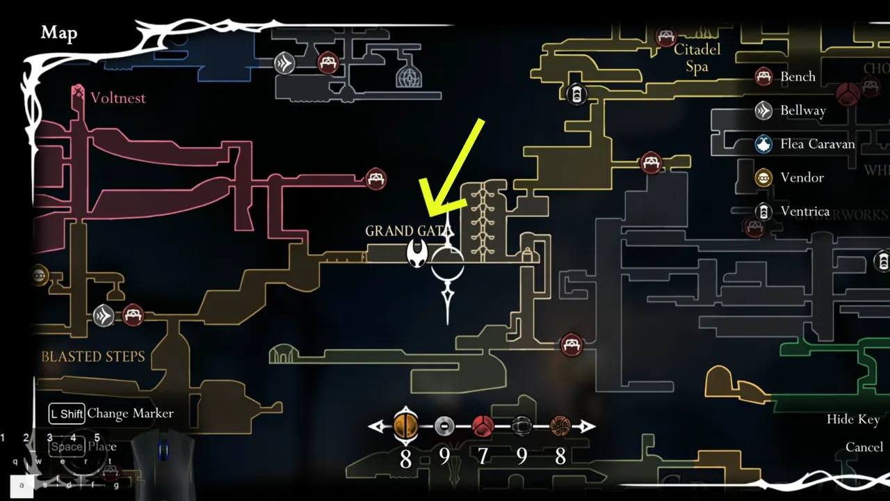 Silksong Seth Grand Gate location pointed on the map.