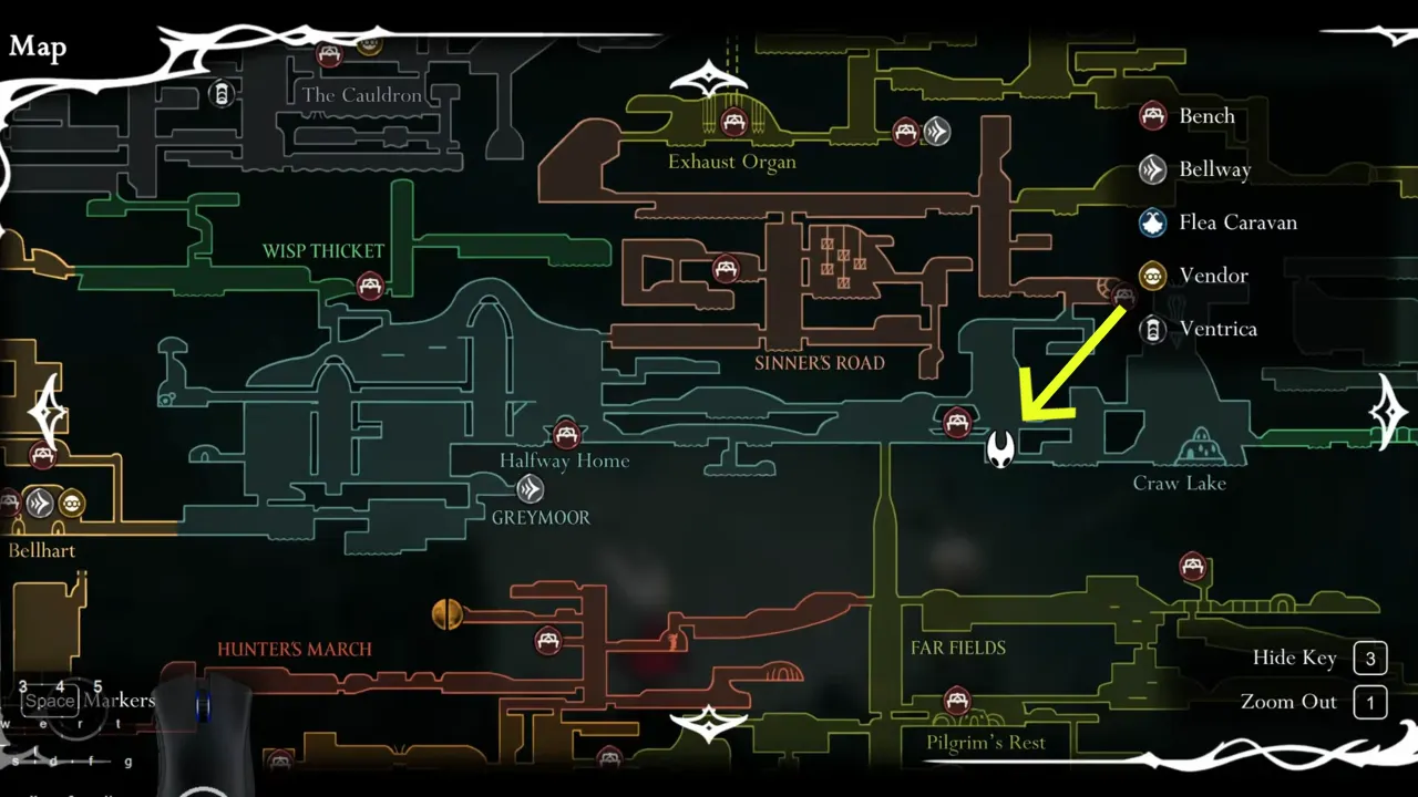 Hollow Knight Silksong map with marked Seth location in Greymoor