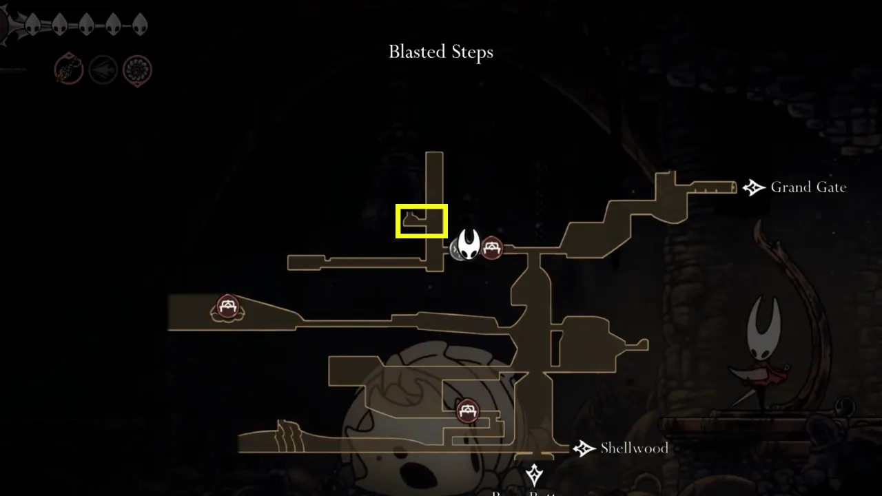 Snitch Pick location marked on Hollow Knight Silksong map of Blasted Steps area.
