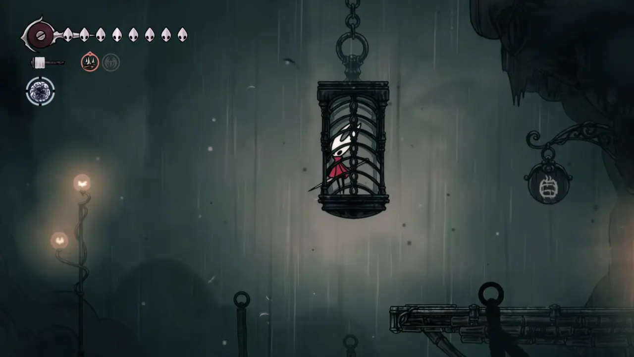 Hornet moving up using the Halfway Home Elevator in Silksong