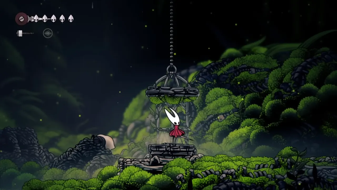 Hornet using elevator to go to Hollow Knight Silksong Wanderer Crest location