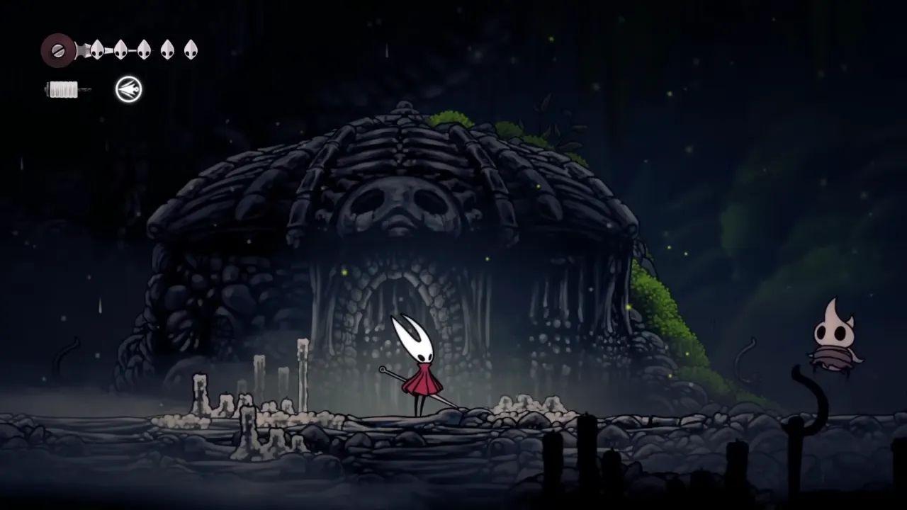 Hornet outside Wanderer in front of locked gate fighting enemies in Hollow Knight Silksong.