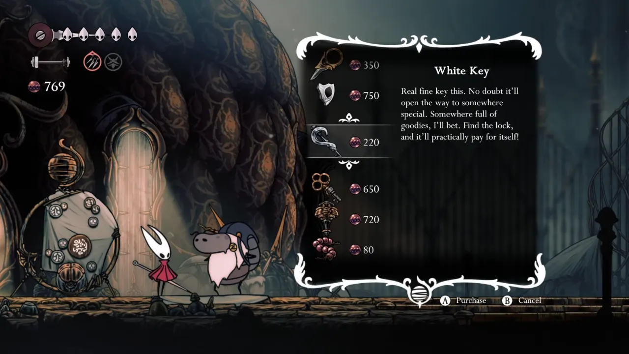 Image of purchasing White Key from merchant in Silksong
