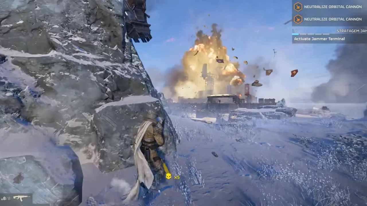 Image shows the destruction after Solo Silo dropped missile on target spot in Helldivers 2.