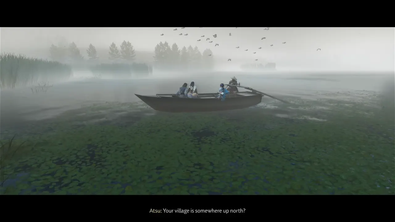 Atsu and Ainu on boat travelling to Nayoro Wilds in Ghost of Yotei