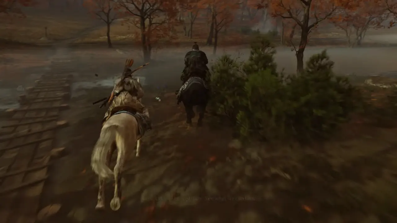 Atsu and Jubei riding through river to find Oni Raiders corpses - Ghost of Yotei A Mad Pursuit
