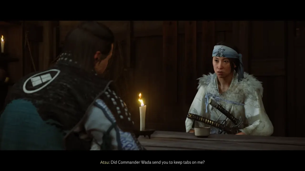 Atsu and Jubei sitting in bar - Ghost of Yotei A Mad Pursuit