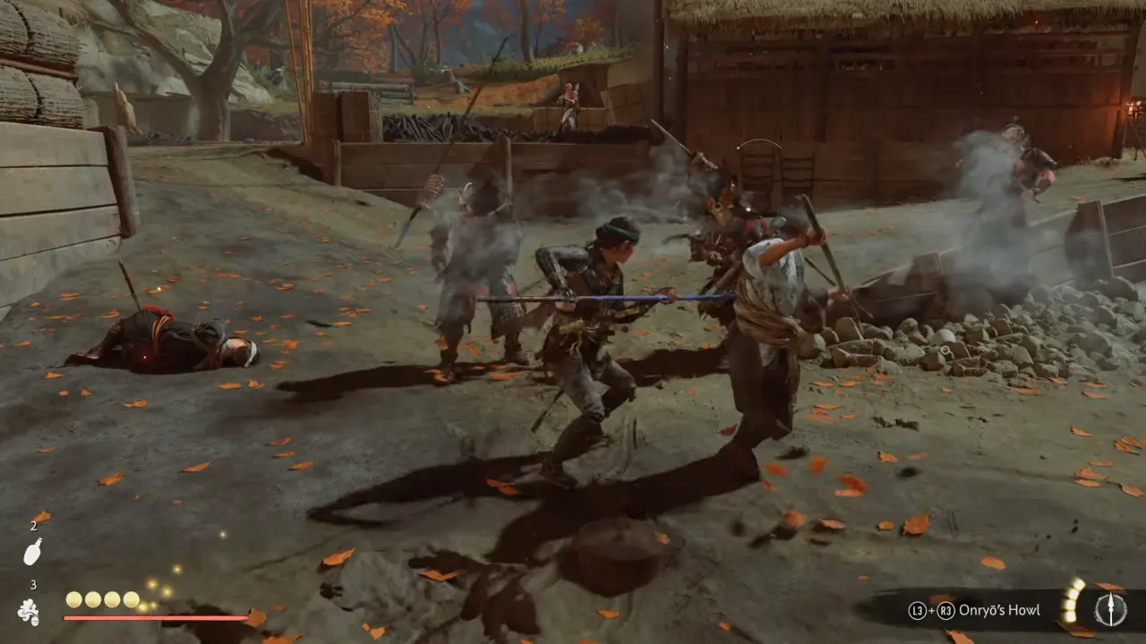 Atsu and Kotetsu fighting Oni Raiders in Ghost of Yotei
