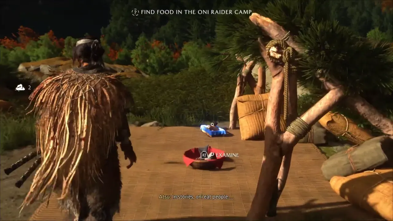 Atsu interacting with Salmon fish to pick it - Ghost of Yotei