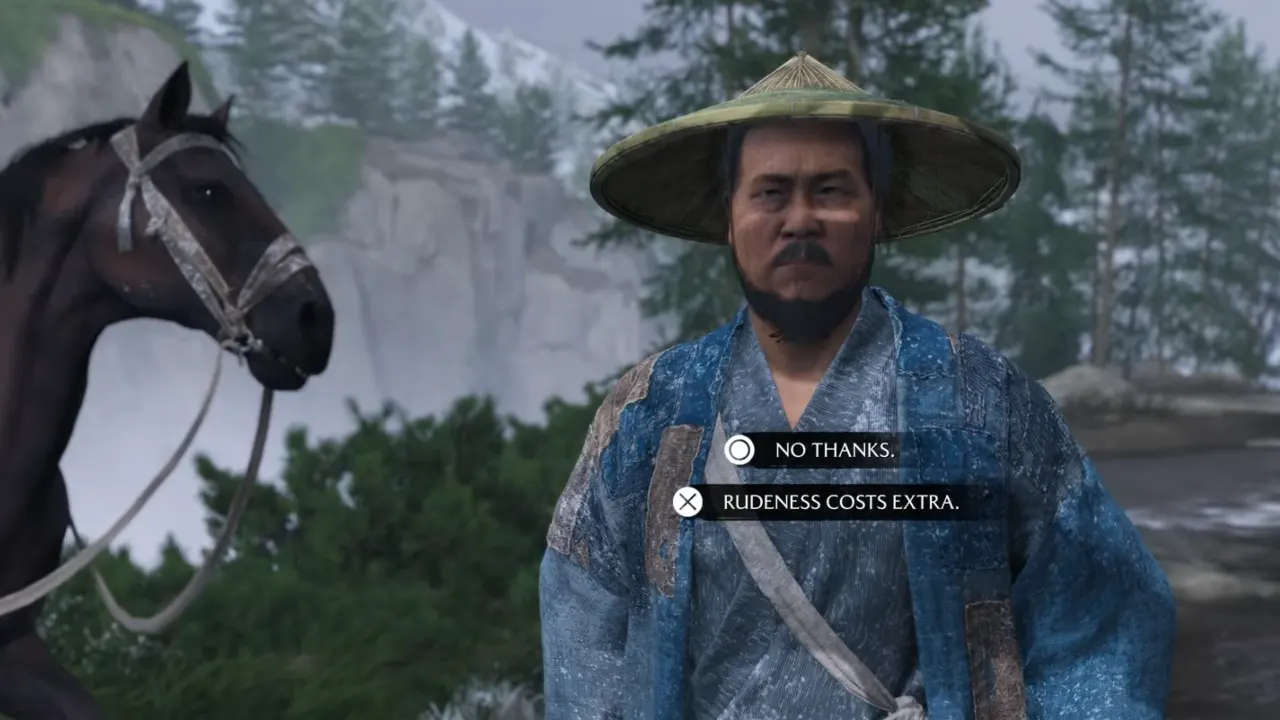 Atsu encounter with merchants group in Ghost of Yotei