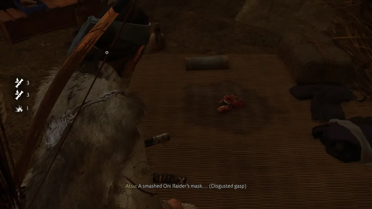 Atsu examining smashed Oni Raiders Mask in Ghost of Yotei A Mad Pursuit