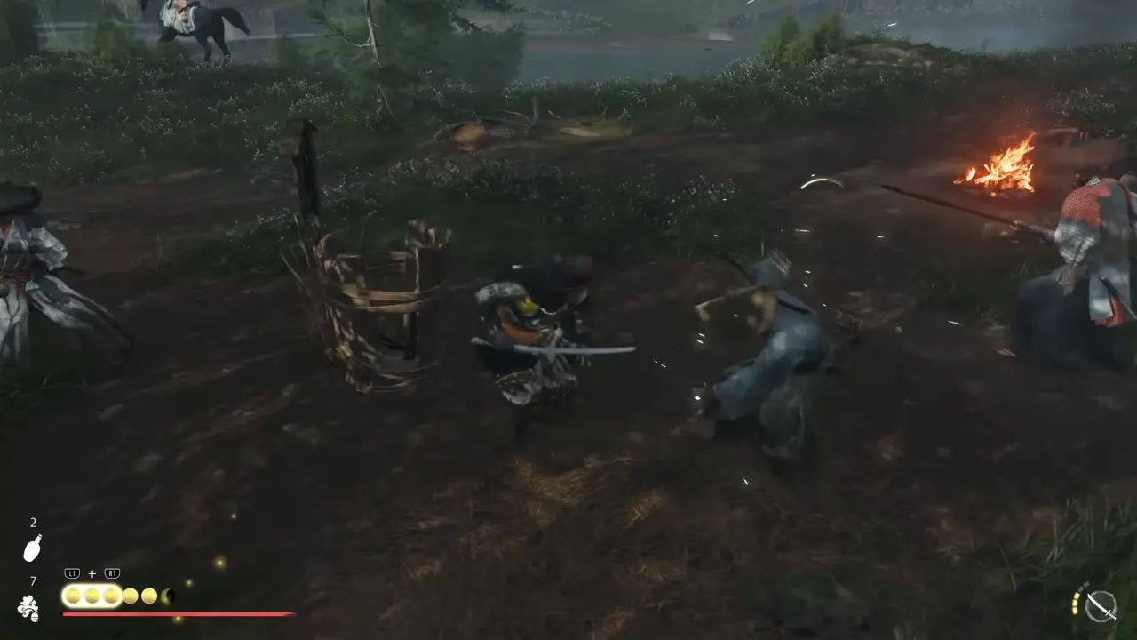 Atsu fighting bounty hunter ronins on way to Teshio Ridge in Ghost of Yotei