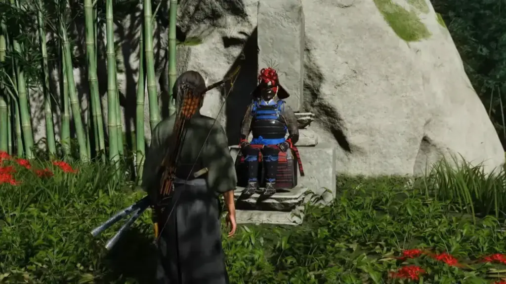 Atsu in front of Spider Lilly Armor – Ghost of Yotei