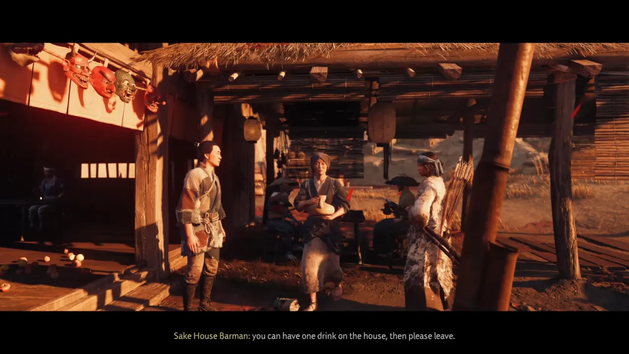 Atsu talking to barman outside the bar - Ghost of Yotei A Mad Pursuit