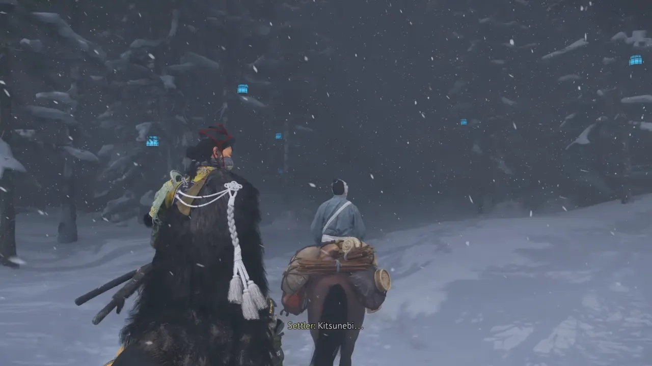 Atsu riding with merchants in blind snow weather reached at kitsunebi ambush place - Ghost of Yotei