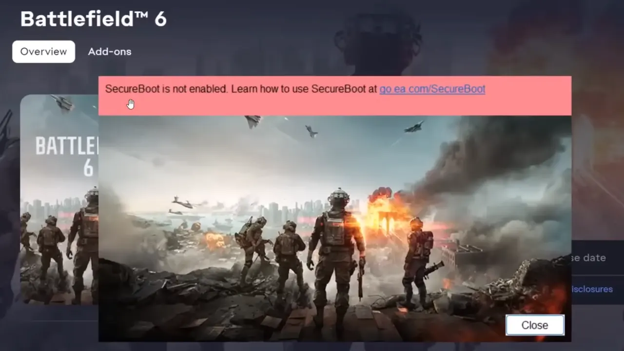 Battlefield 6 SecureBoot is Not Enabled Error Message
