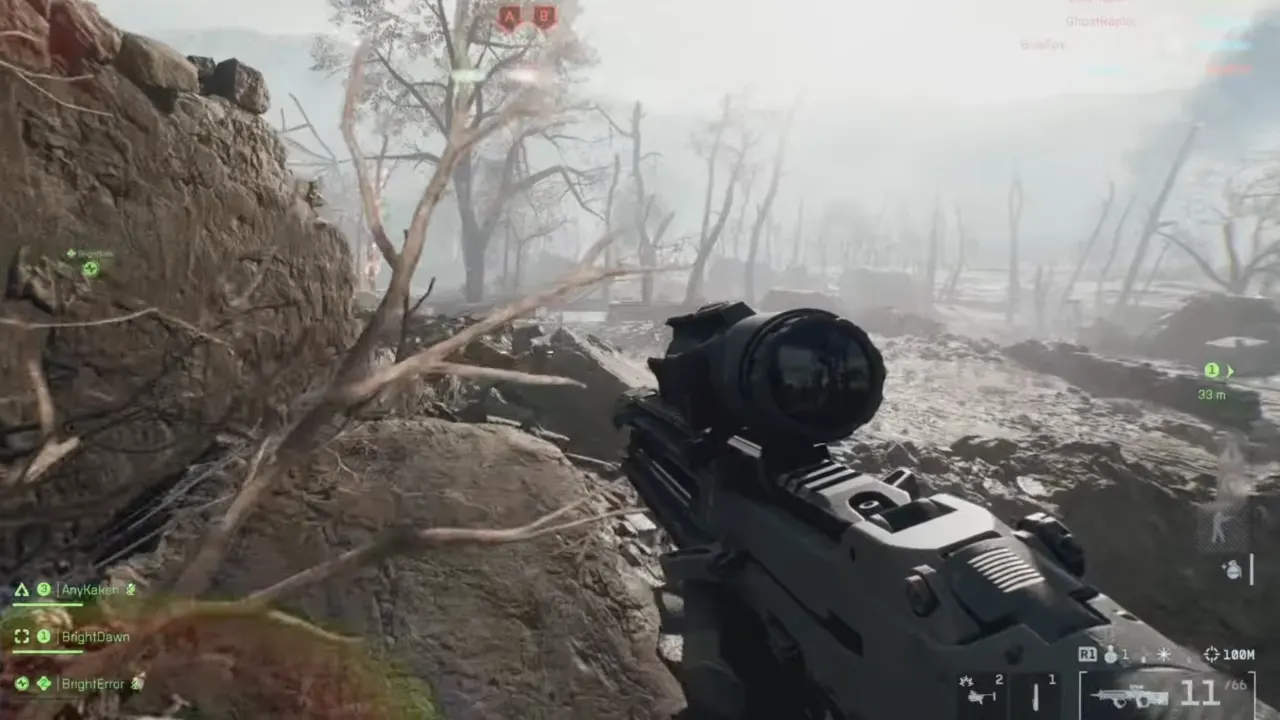 Battlefield 6 gameplay with LMR27 DMR in hand of soldier