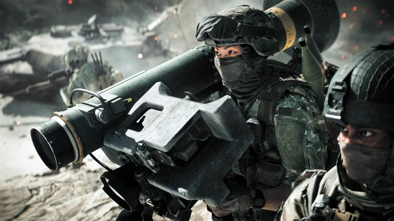 A female soldier in Battlefield 6 holding a powerful anti-air missile launcher.