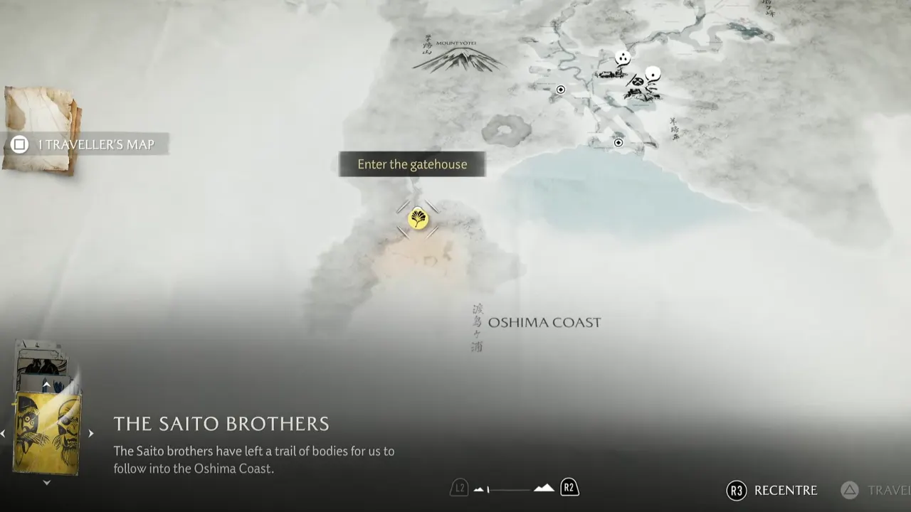 Ghost of Yotei map showing location to enter the gatehouse to reach Oshima Coast.