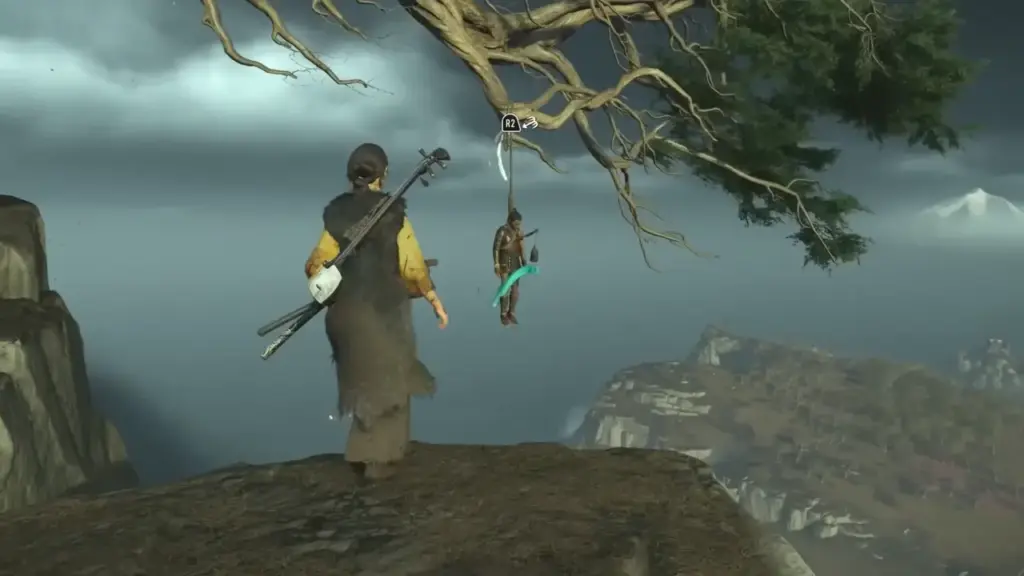 Ghost of Yotei Corpse hanging on tree with third chime