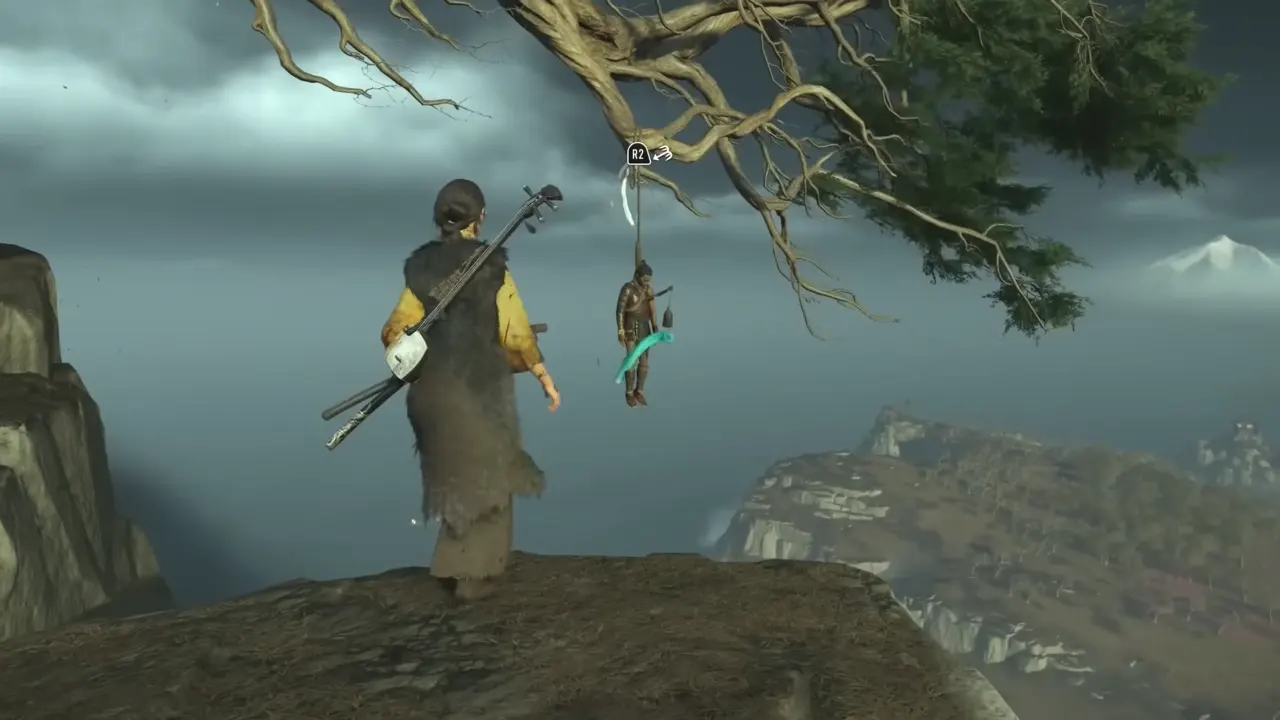 Ghost of Yotei Corpse hanging on tree with third chime