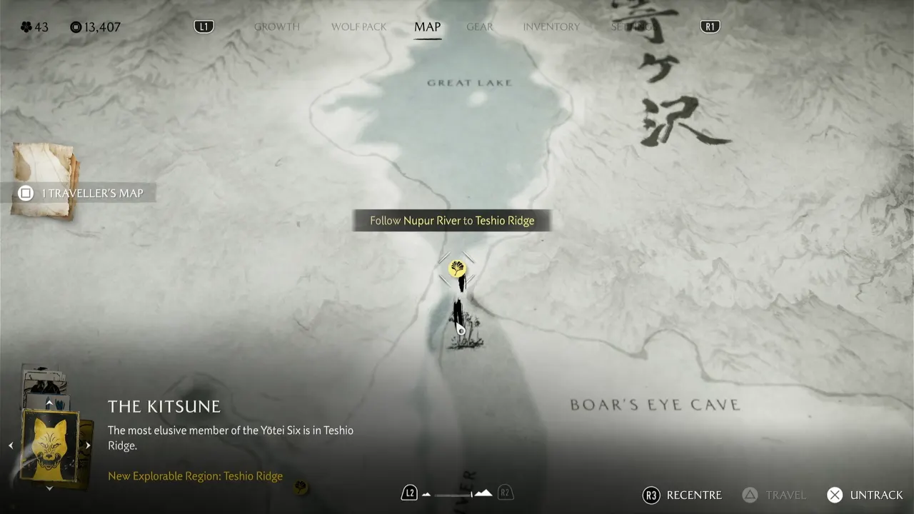 Ghost of Yotei map showing Golden Gingko Leaf Revenge card marker at Central Ferry to go to Nayoro Wilds