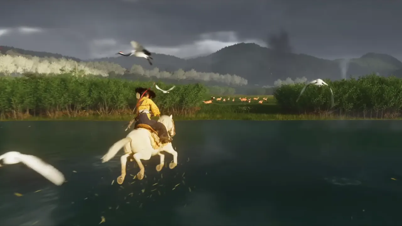 Atsu riding on horse running through river with wide open field and birds flying in Ghost of Yotei