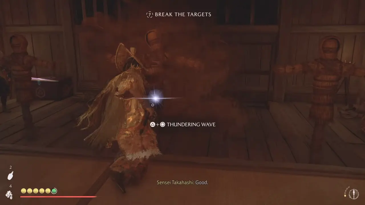 Ghost of Yotei Yari's Fury - Atsu using Thundering Wave on straw dummies