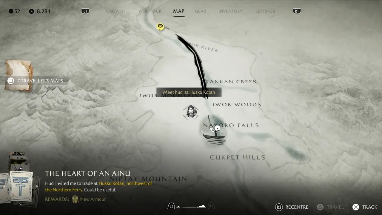 Ghost of Yotei map showing Golden Gingko Leaf Revenge card marker to reach Teshio Ridge from Noryo Wilds.