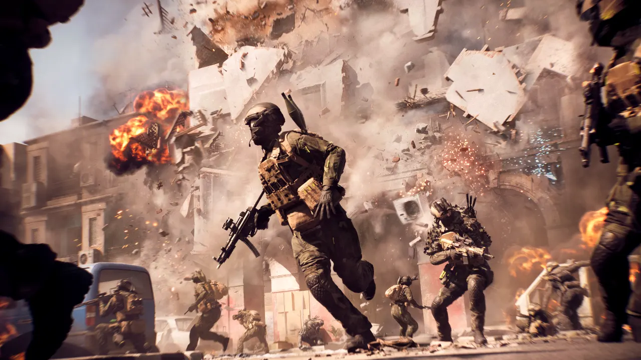 Battlefield 6 image with soldier running in combat chaos