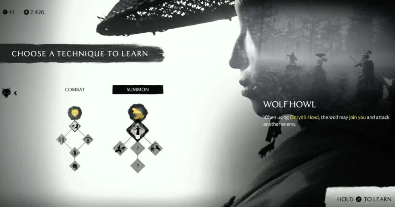 Ghost of Yotei in-game menu to summon Wolf companion