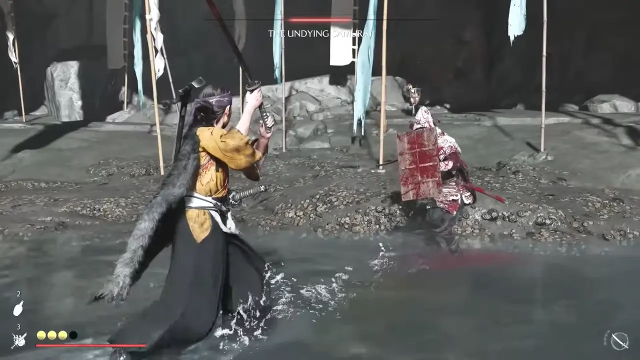 Atsu fighting the Undying Samurai in Ghost of Yotei