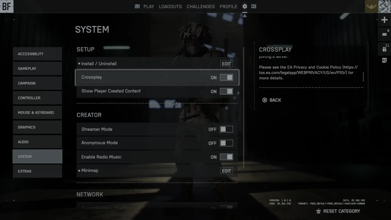 Battlefield Settings Gameplay menu to turn On or Off crossplay