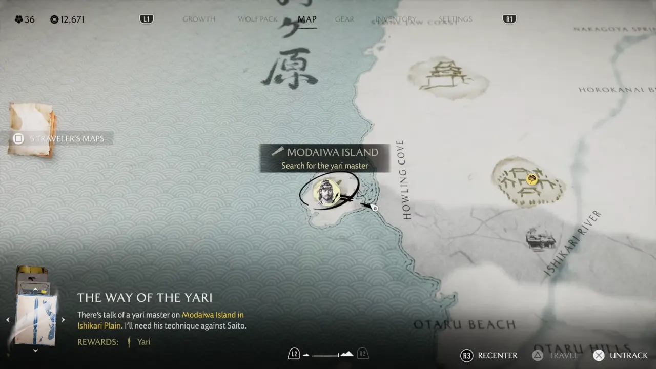 Ghost of Yotei map with marker on Modaiwa Island to reach Yari Master.