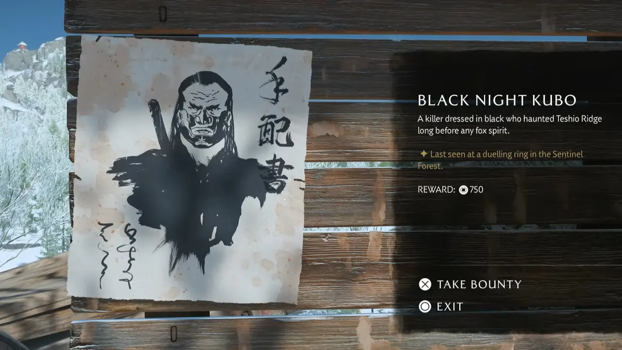 Ghost of Yotei Black Night Kubo Bounty Details on Board
