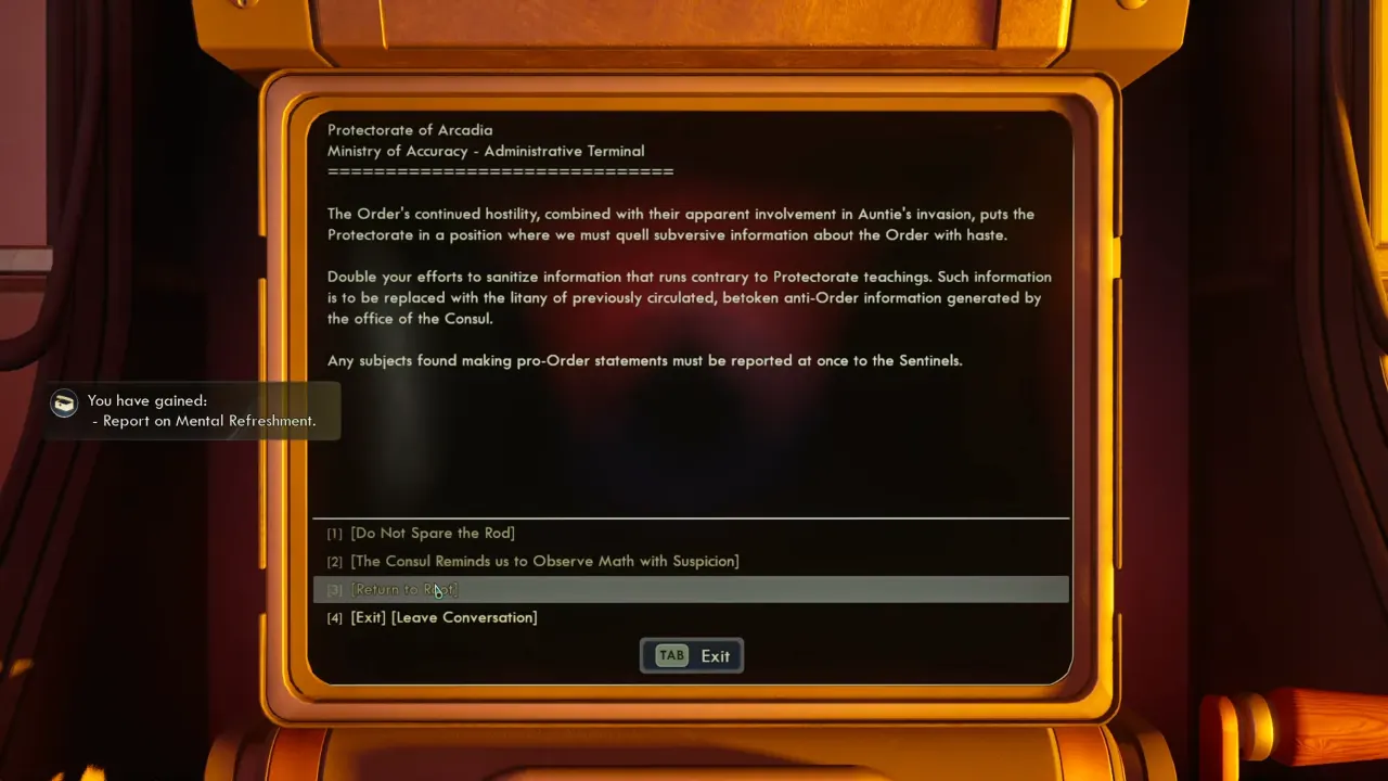 Retrived Report on Mental Refreshment from terminal - The Outer Worlds 2