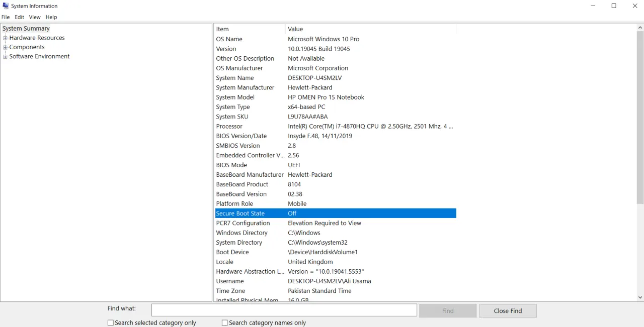 Secure Boot Status Check in Windows 10