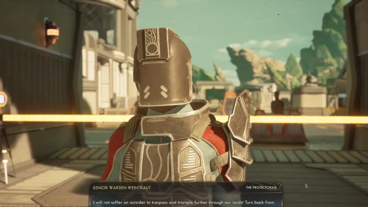 Talking to Senior Warden Weintraut at bridge - For Whom the Bridge Tolls The Outer Worlds 2