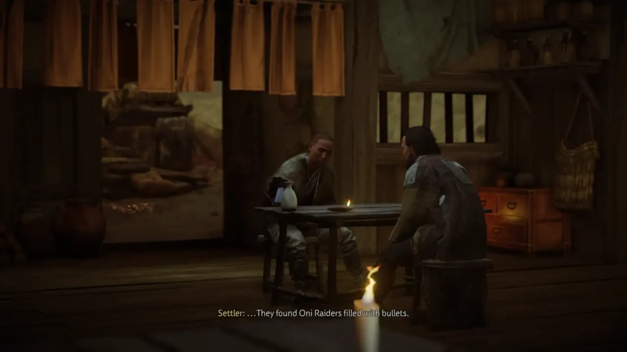 Two men taking about Mad Goro in bar - Ghost of Yotei A Mad Pursuit