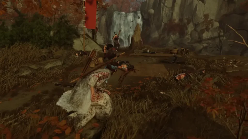 Two raiders standing beside corpses - Ghost of Yotei A Mad Pursuit