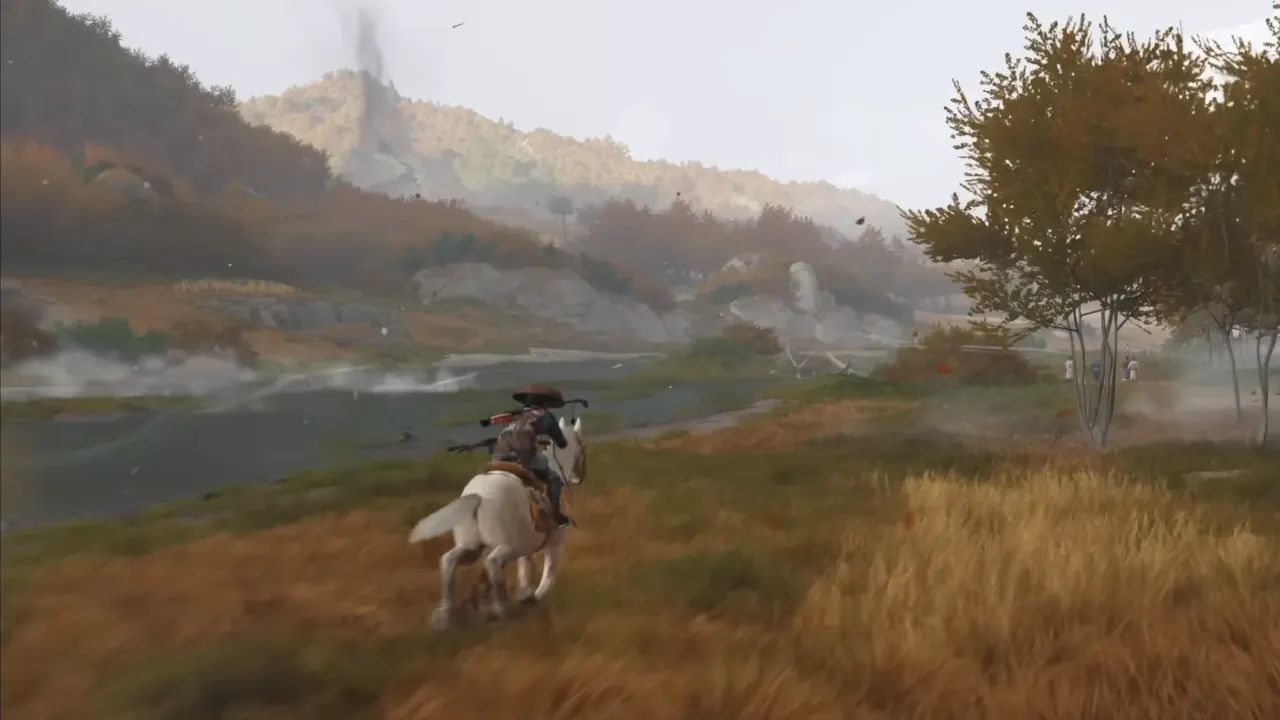 Atsu ridding on the horse through grassy fields in Ghost of Yotei.