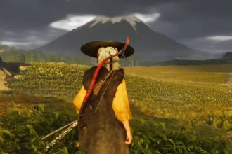 Atsu seeing beautiful landscape of Ezo in Ghost of Yotei.