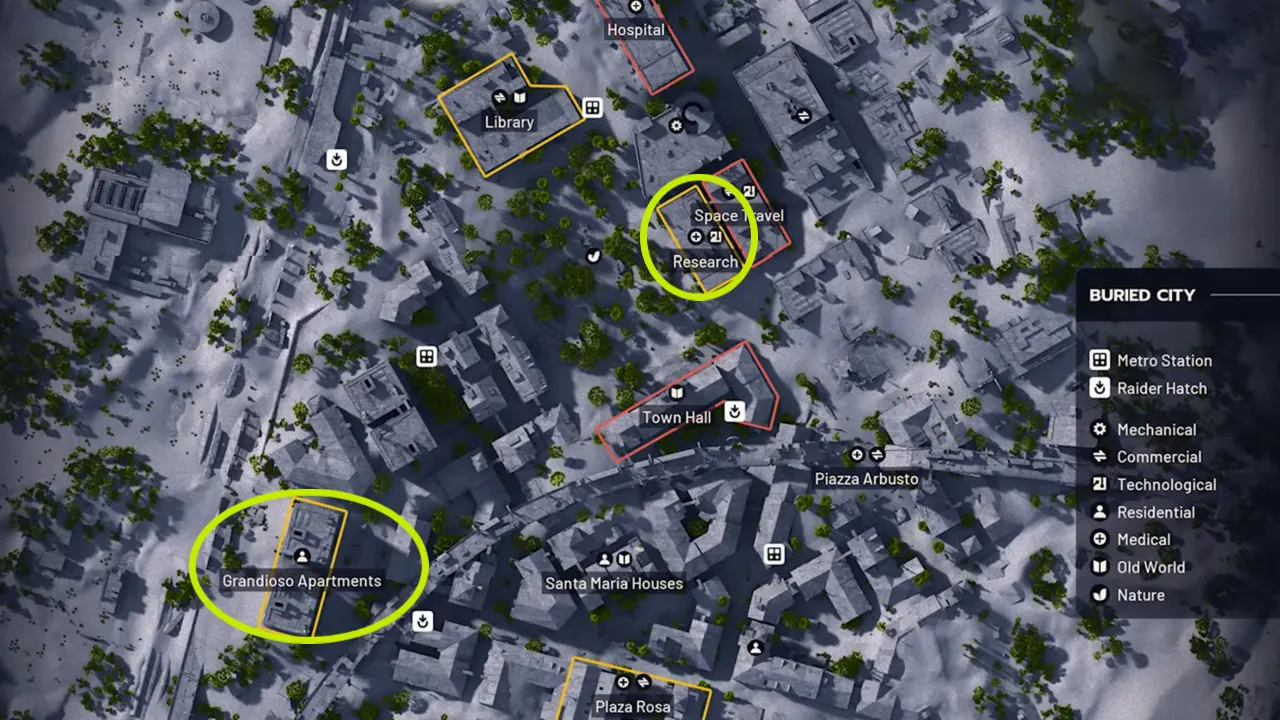 ARC Raiders Buried City map with locations marked to farm Tempest Blueprint.