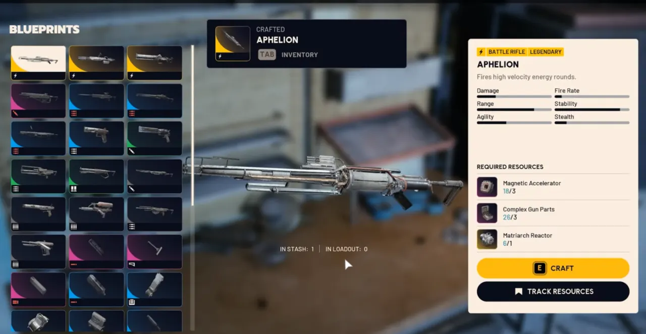 ARC Raiders Workbench Gunsmith screen to craft Aphelion rifle