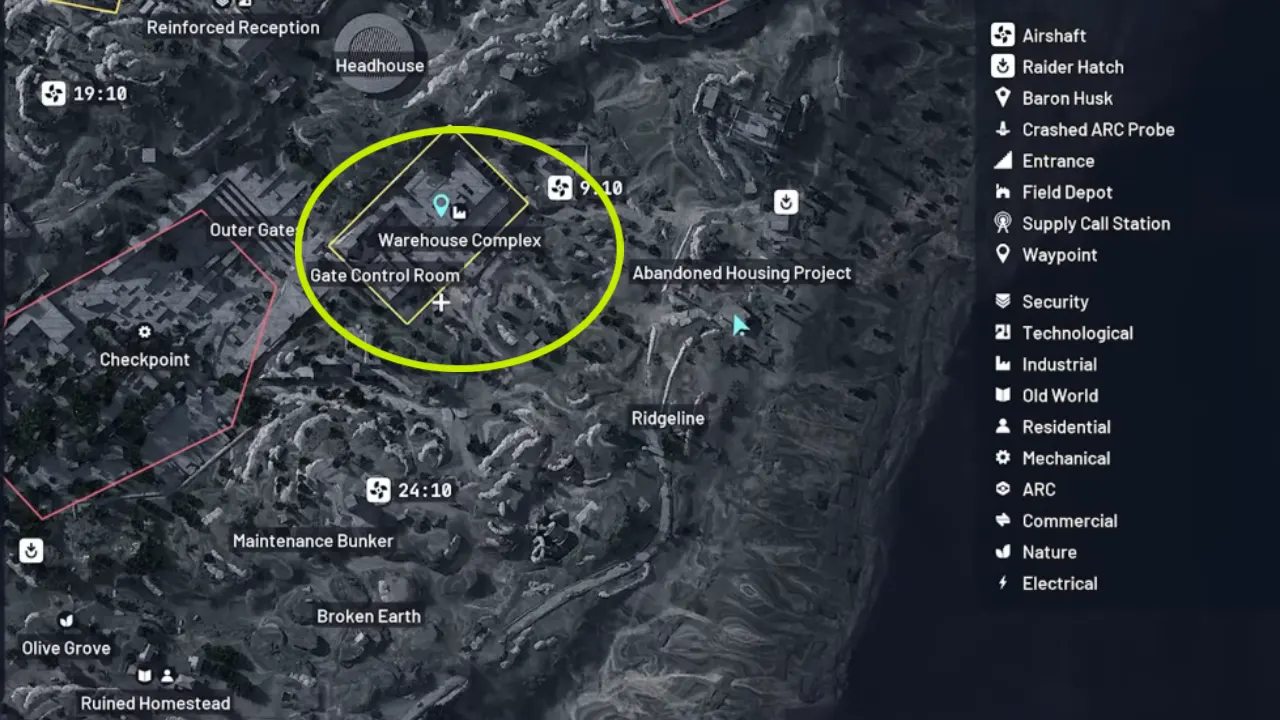 Arc Raiders Blue Gate map with marked Rusted Gear farm locations