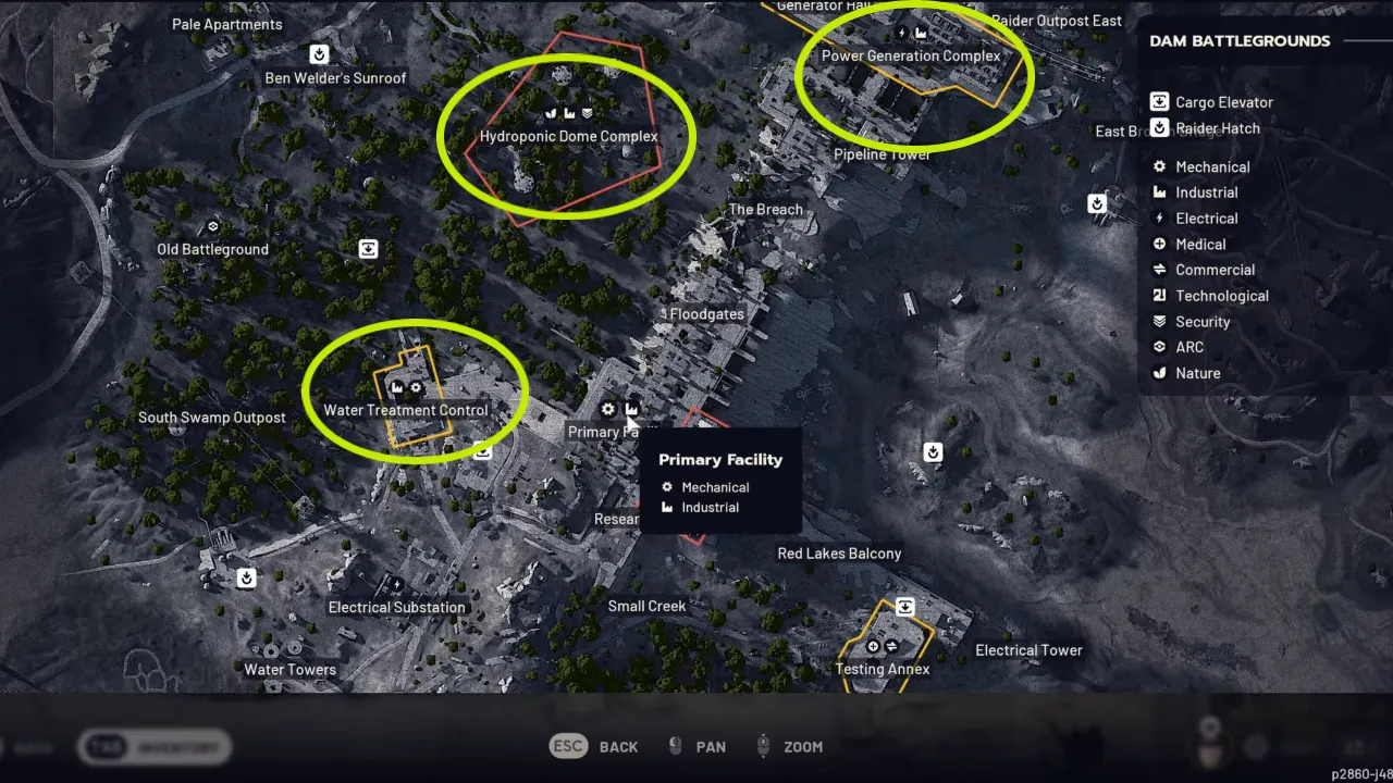 Arc Raiders Dam Battlegrounds map with marked Rusted Gear locations