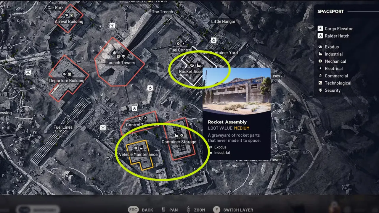 Arc Raiders Spaceport map with marked Rusted Gear farm locations