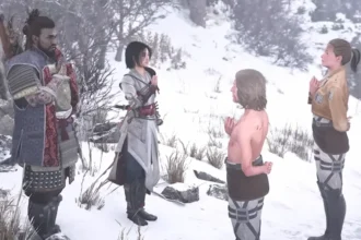 Ada and Gautwin giving 'Dedicate your heart' pose to Naoe and Yasuke in Assassin’s Creed Shadows Attack on Titan quest.