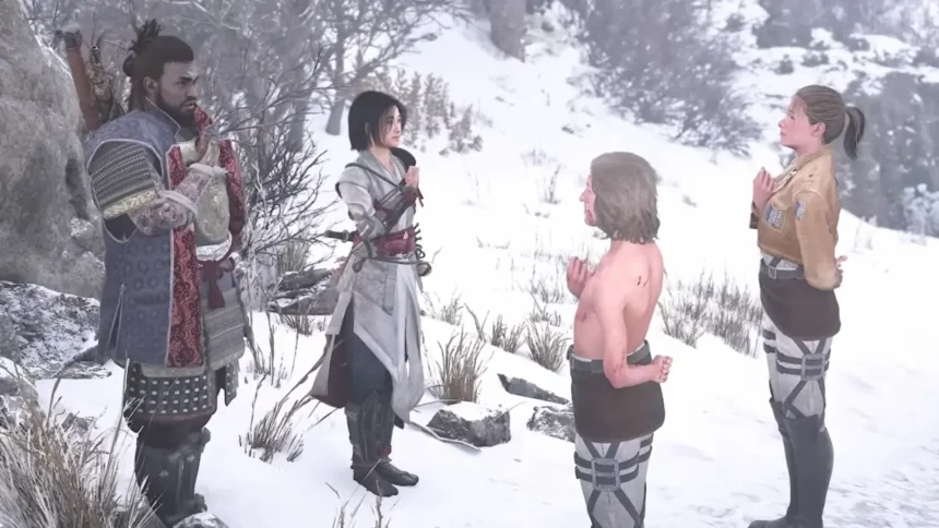 Ada and Gautwin giving 'Dedicate your heart' pose to Naoe and Yasuke in Assassin’s Creed Shadows Attack on Titan quest.